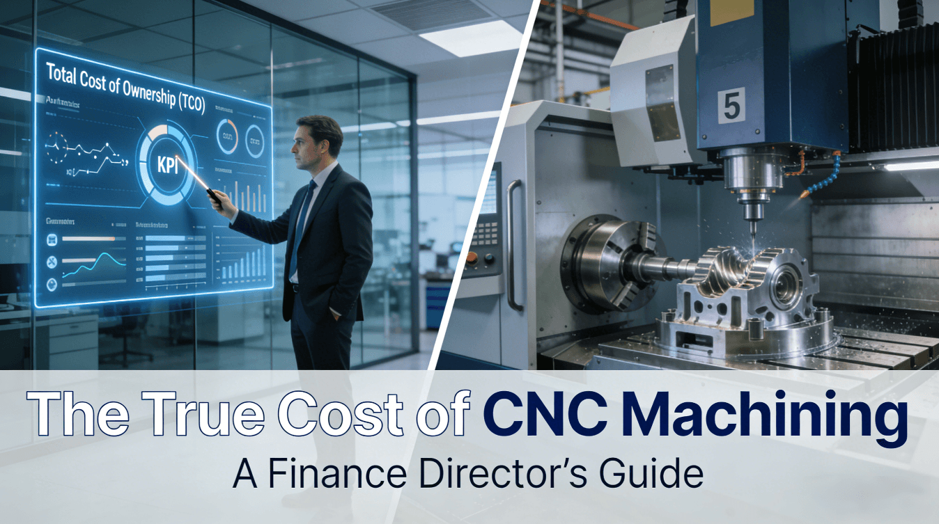 A finance director points to a TCO dashboard, visually connected to a precision CNC machining operation, illustrating the strategic link between financial analysis and manufacturing execution.