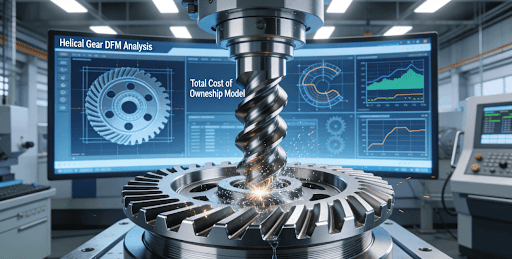 3D rendering of a helical gear being precision machined in a digital control room, with monitors displaying DFM analysis, TCO model, and real-time process data.