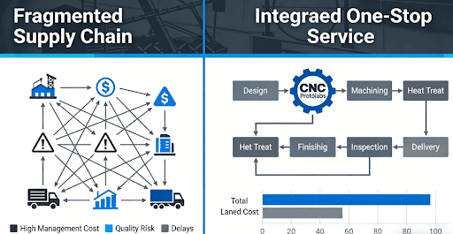 3D rendering of a helical gear being precision machined in a digital control room, with monitors displaying DFM analysis, TCO model, and real-time process data.