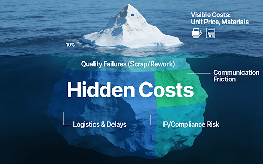 Infographic of an iceberg model illustrating CNC machining costs: the small visible tip is the unit price, while the large submerged base represents hidden costs like quality failures, delays, and operational risks.
